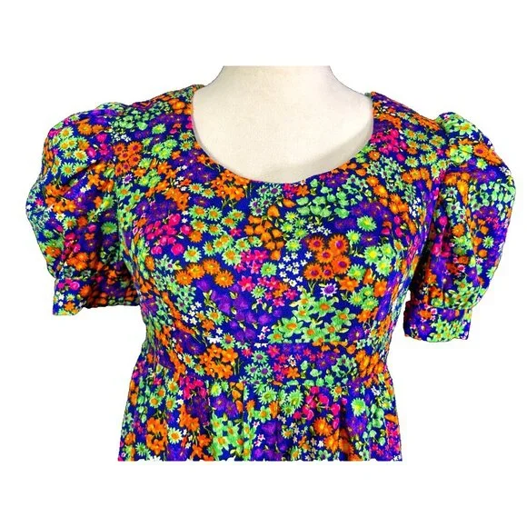 1960s / 1970s Handmade OOAK Neon Floral Psychedelic Day Glo Maxi Dress EUC - Picture 1 of 7